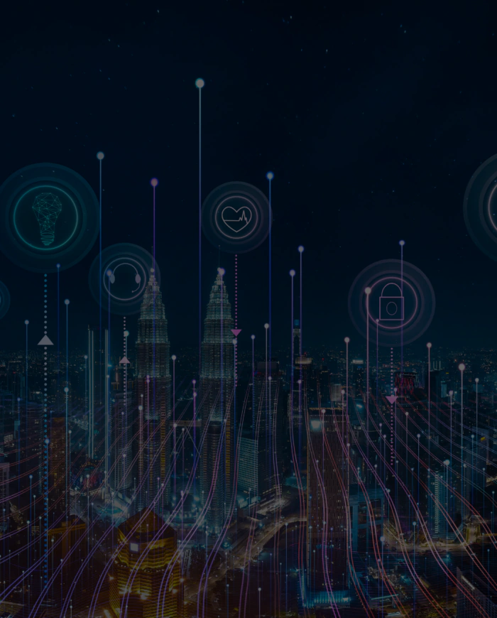 Aerial view of a city skyline with connected smart services