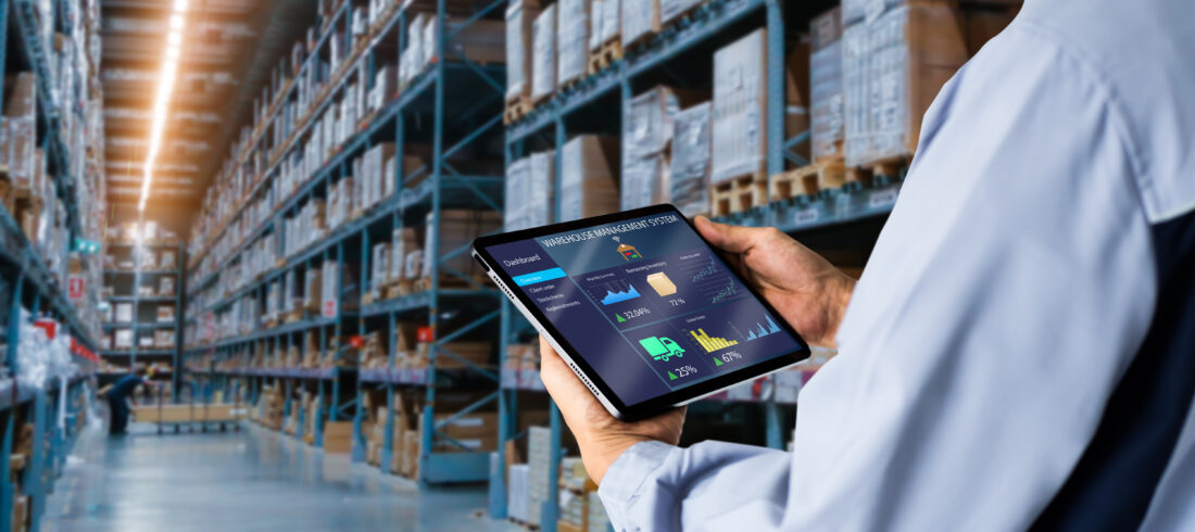 Industrial technology concept showing connected supply chain, manufacturing systems, AI, IoT, and operational data working together to improve visibility, resilience, and decision-making.