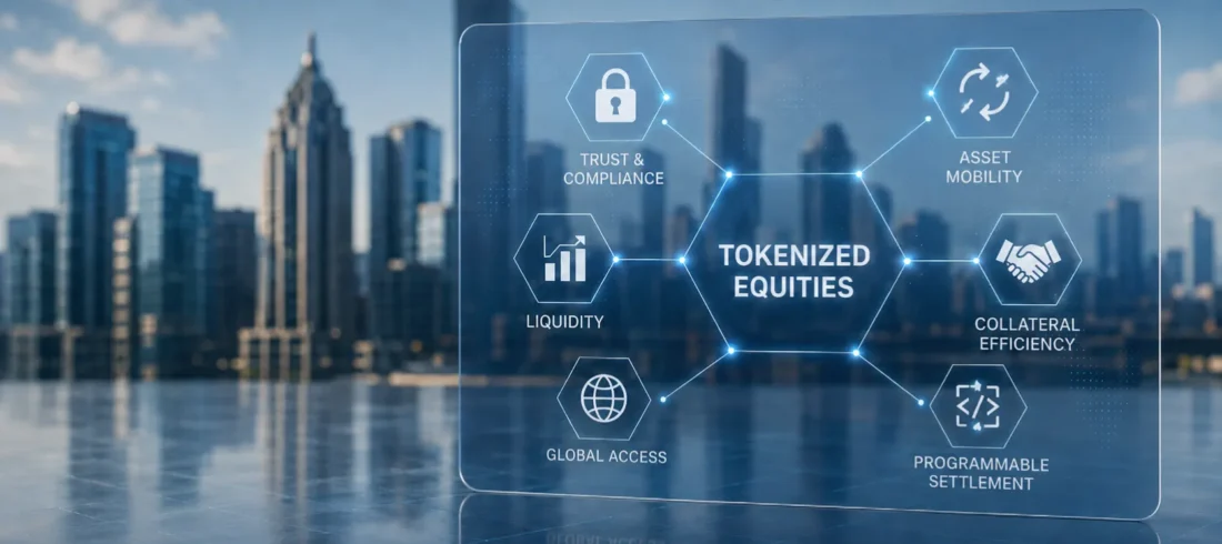 Tokenized equities infographic with trust, liquidity, asset mobility, collateral efficiency, global access, and programmable settlement text over city skyline.