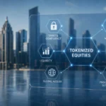 Tokenized equities infographic with trust, liquidity, asset mobility, collateral efficiency, global access, and programmable settlement text over city skyline.