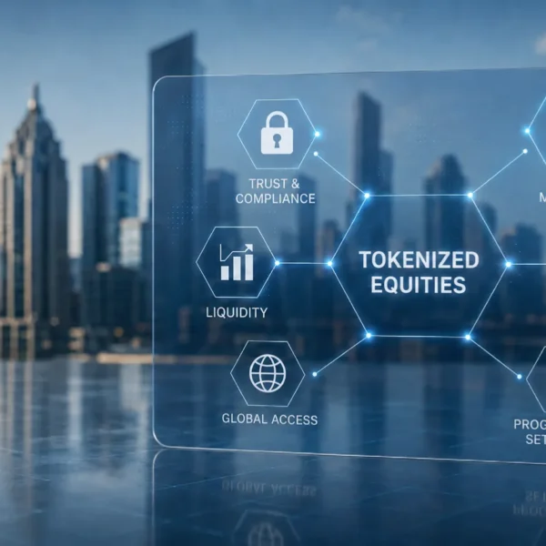 Tokenized equities infographic with trust, liquidity, asset mobility, collateral efficiency, global access, and programmable settlement text over city skyline.