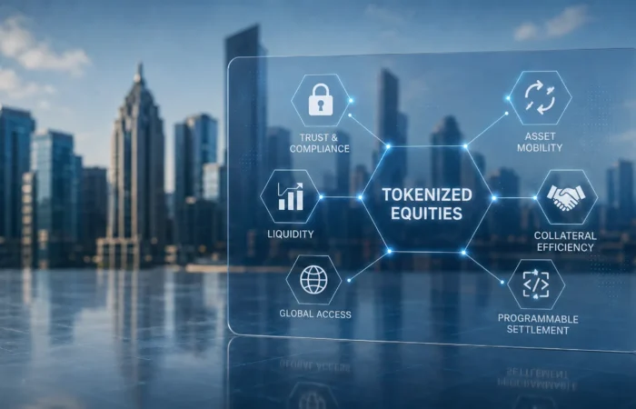 Tokenized equities infographic with trust, liquidity, asset mobility, collateral efficiency, global access, and programmable settlement text over city skyline.
