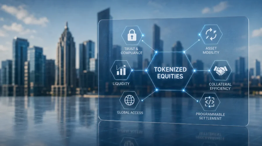 Tokenized equities infographic with trust, liquidity, asset mobility, collateral efficiency, global access, and programmable settlement text over city skyline.