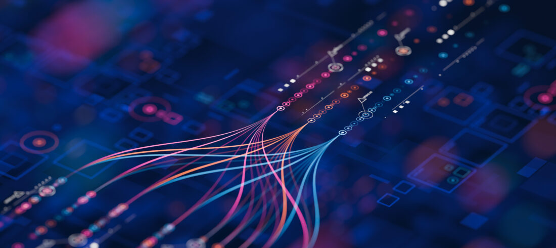 Stream of glowing data tokens flowing through a metered gauge in a corporate office, representing AI as a measured business cost
