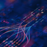Stream of glowing data tokens flowing through a metered gauge in a corporate office, representing AI as a measured business cost