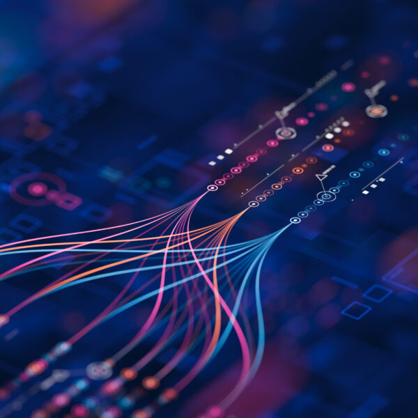 Stream of glowing data tokens flowing through a metered gauge in a corporate office, representing AI as a measured business cost