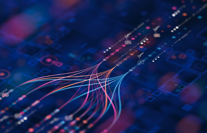 Stream of glowing data tokens flowing through a metered gauge in a corporate office, representing AI as a measured business cost