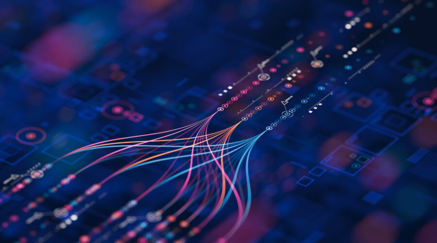 Stream of glowing data tokens flowing through a metered gauge in a corporate office, representing AI as a measured business cost