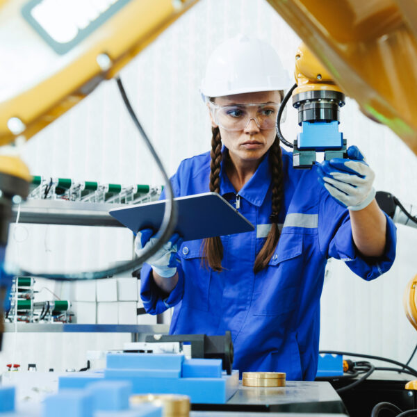 Engineer reviewing production data on a tablet beside an automated manufacturing line